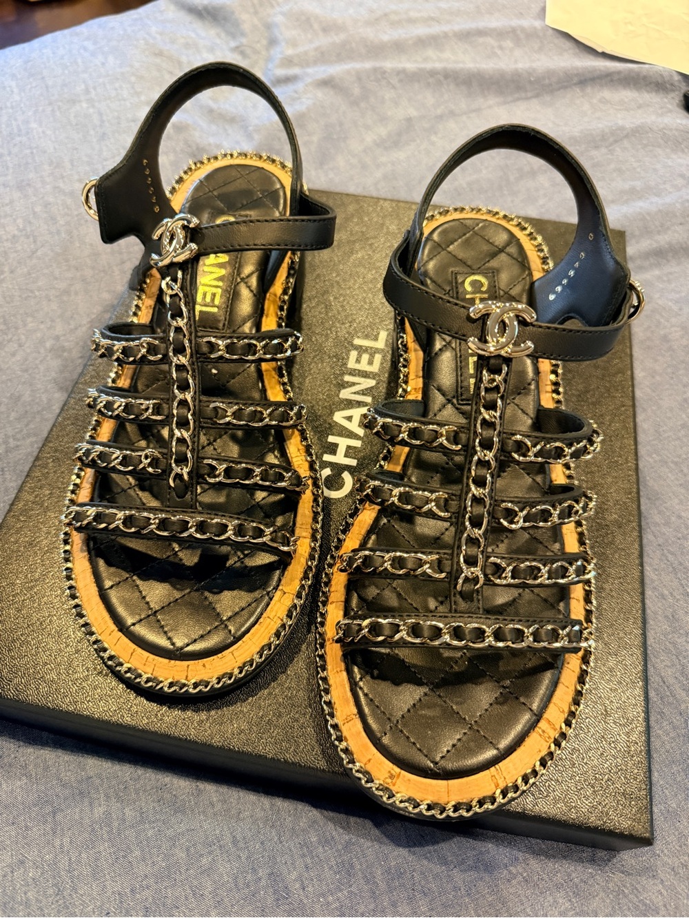 NWT Chanel Black Quilted Chain-Strap Sandals